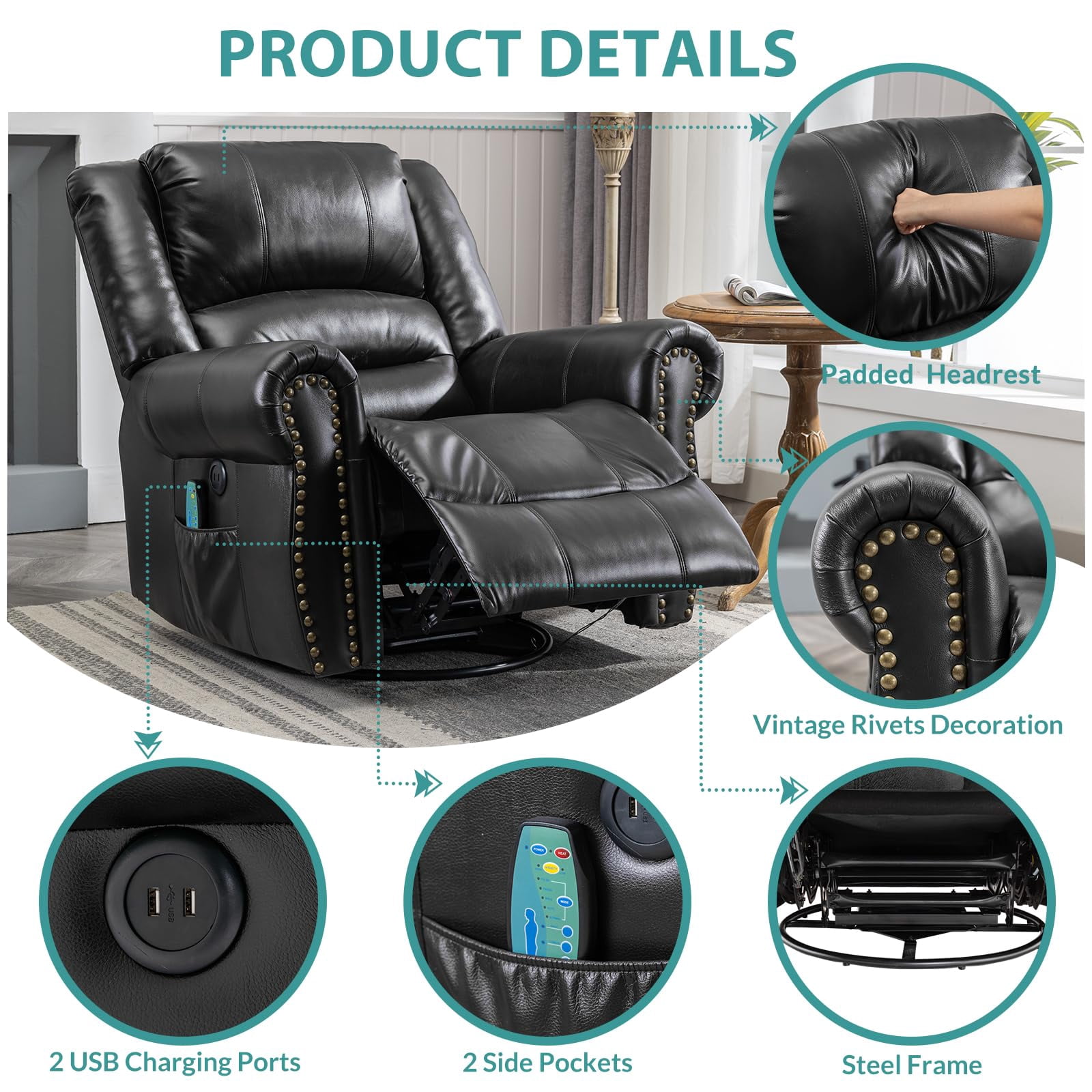 MEETWARM Massage Recliner with Heat and Vibration, Black