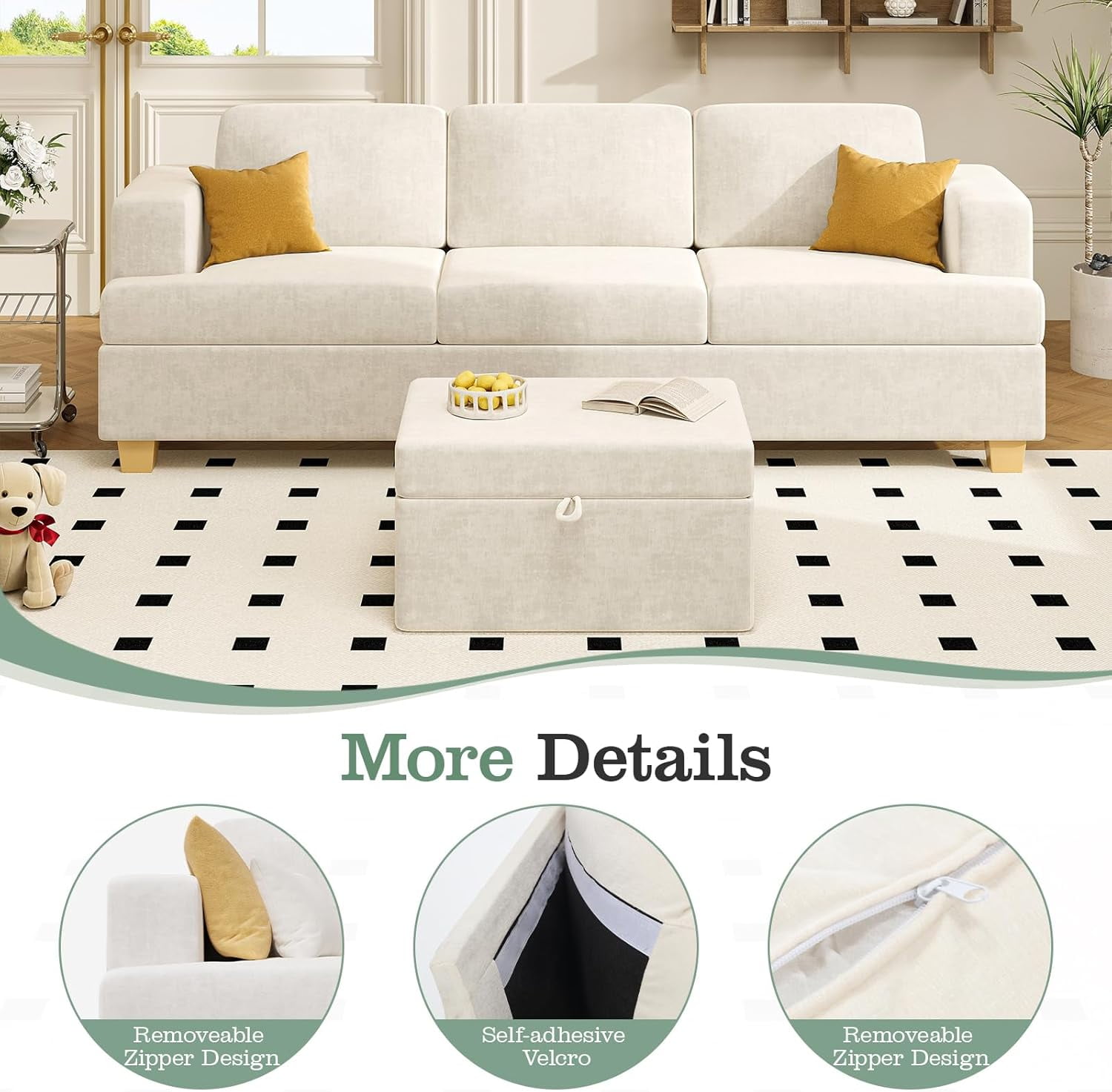 Techmilly Modern Comfy Deep Seat Sofa,3 Seater,for Living Room Bedroom,Apartment,Lounge,Beige Chenille