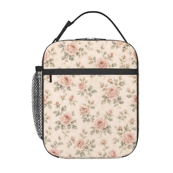 Vintage Pink Rose Lunch Bag Reusable Thermal Lunch Box with Handle for Women and Men