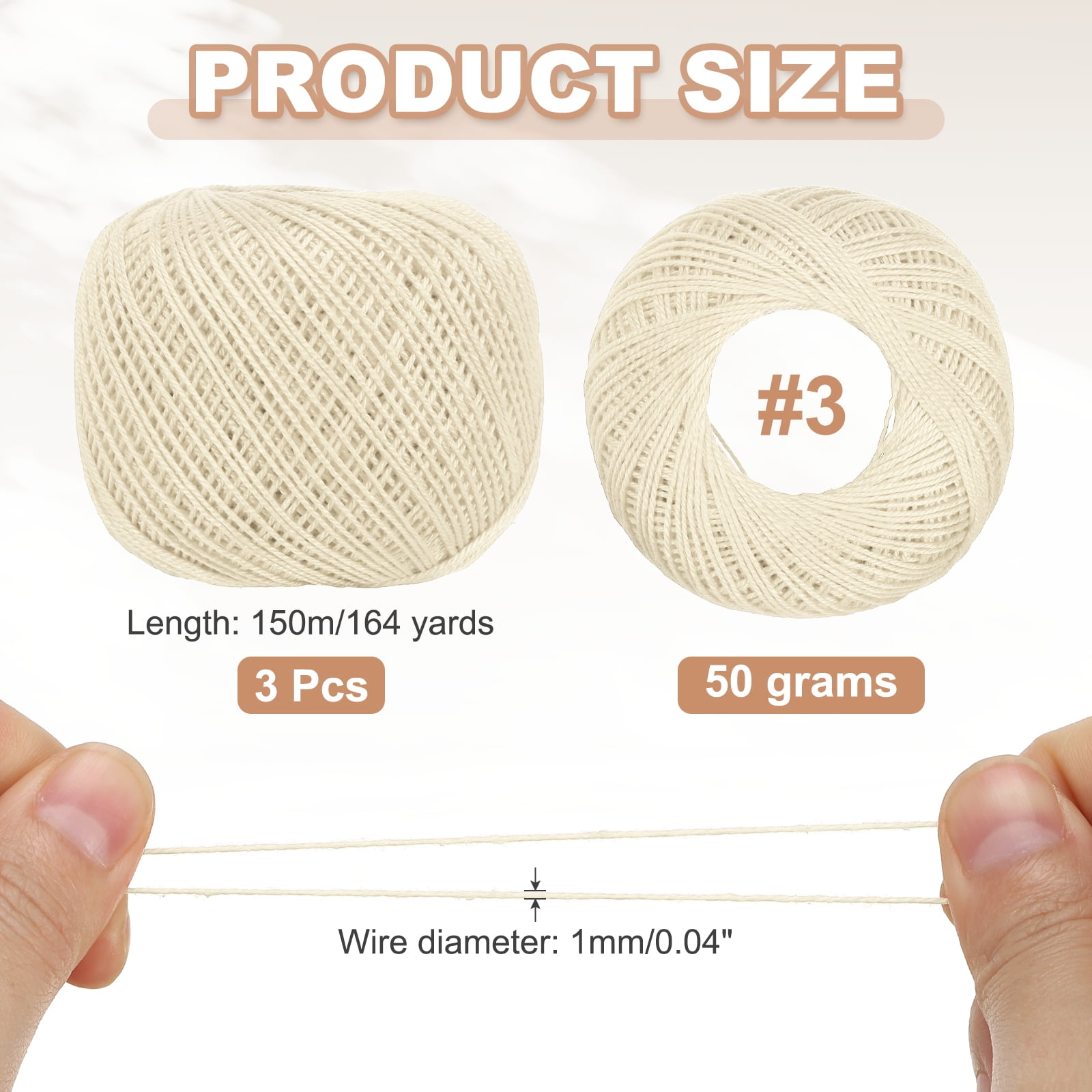 3 Rolls 164 Yards Size 3 Beige Pearl Cotton Crochet Thread Lace Weight Yarn Tatting Thread for Crocheting Knitting Embroidery Sewing