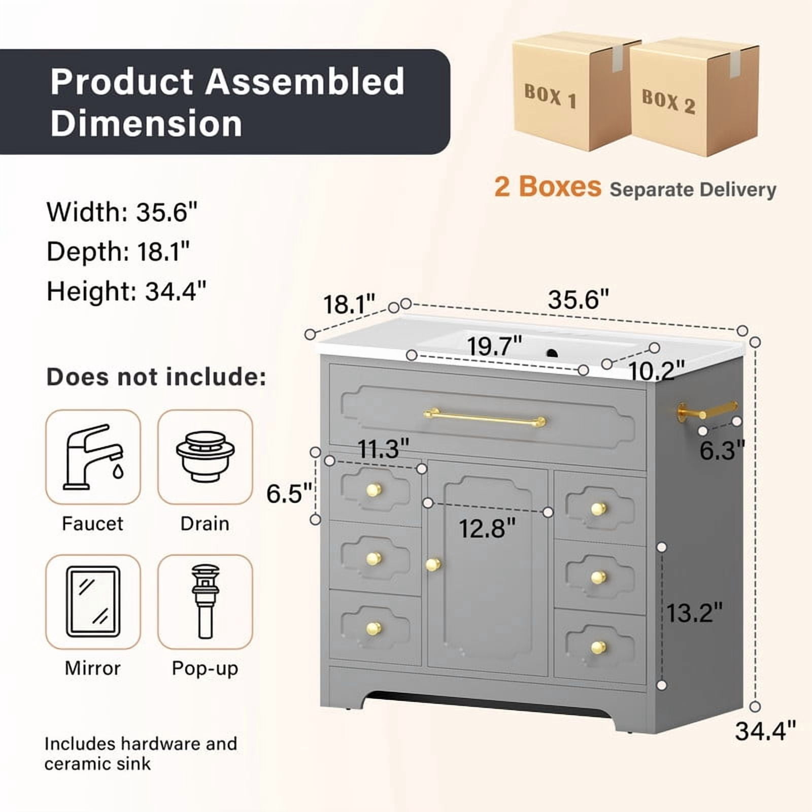 Lacoo 36'' Bathroom Vanity with Ceramic Sink Top, Modern Bathroom Storage Cabinet with Soft Close Drawers, Pre-Drilled Faucet Holes, Freestanding Vanity for Bathroom, Gray(2 Pack)