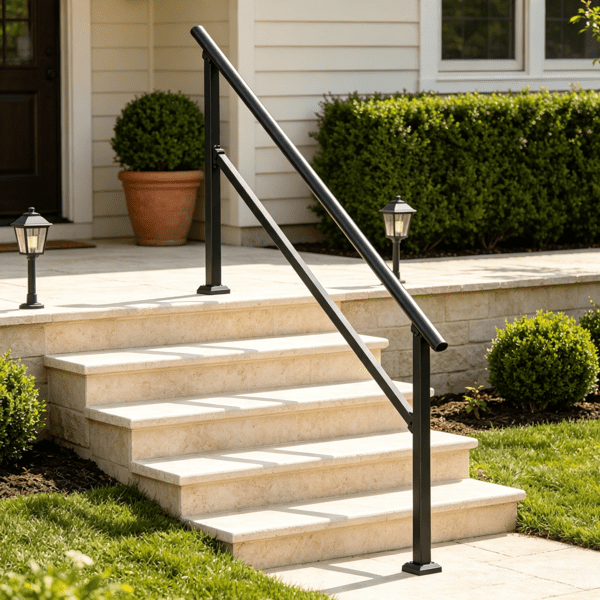 5-Step Stair Handrail Kit, Transitional Black Square Tube Design with Installation Hardware, for Outdoor Steps, Porch & Deck