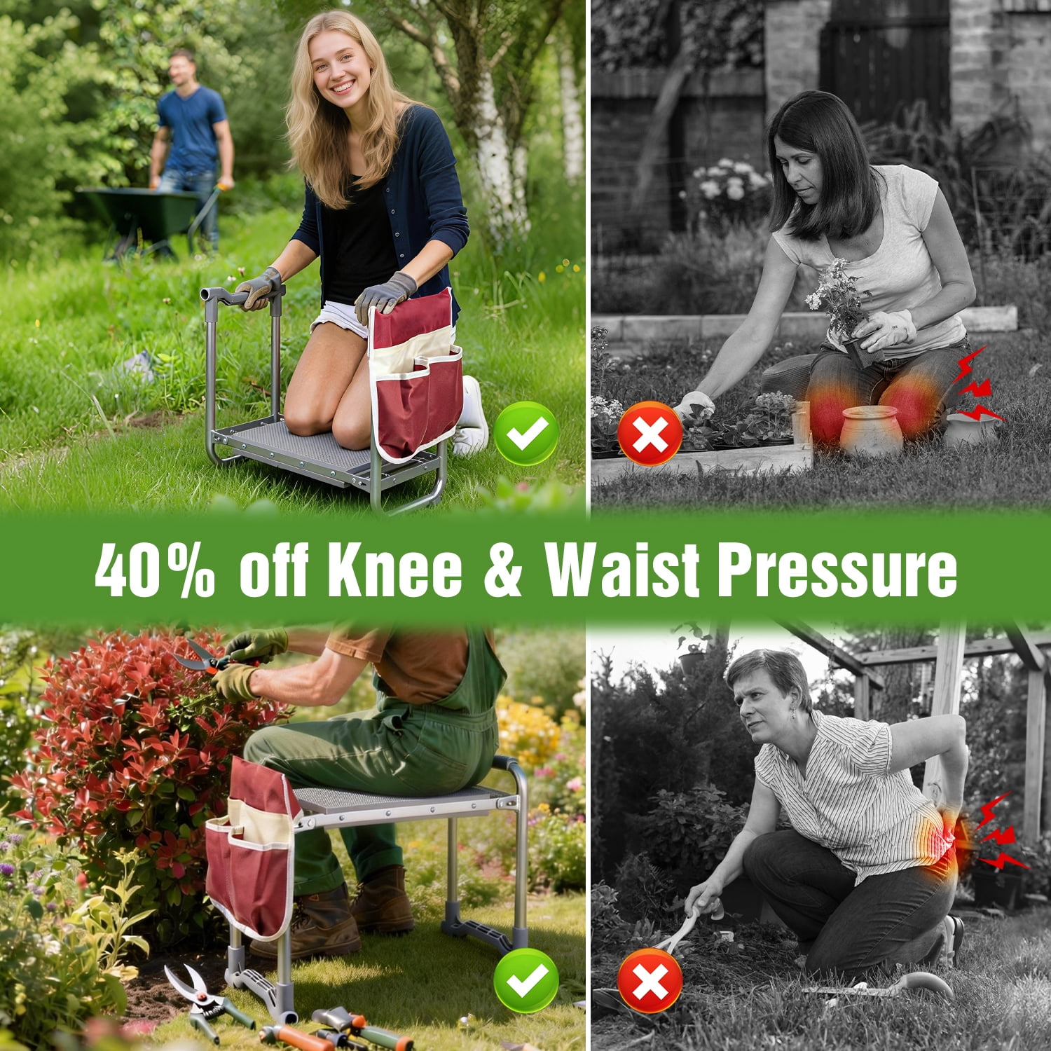 SAFH Garden Kneeler and Seat, Heavy Duty Foldable Gardening Stool with Thicken & Wide Kneeling Pad, Portable Kneeling Bench for Gardening with 2 Tool Pouches, Garden Stool for Adults Seniors