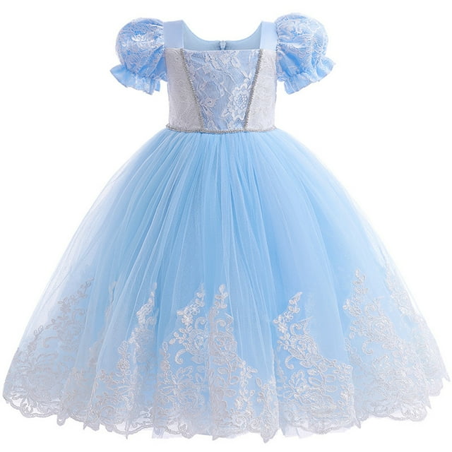 KAWELL Cendrillon Costume de Princesse en Dentelle Mosaïque en Maille Bleu Robe pour Tout-Petites Filles