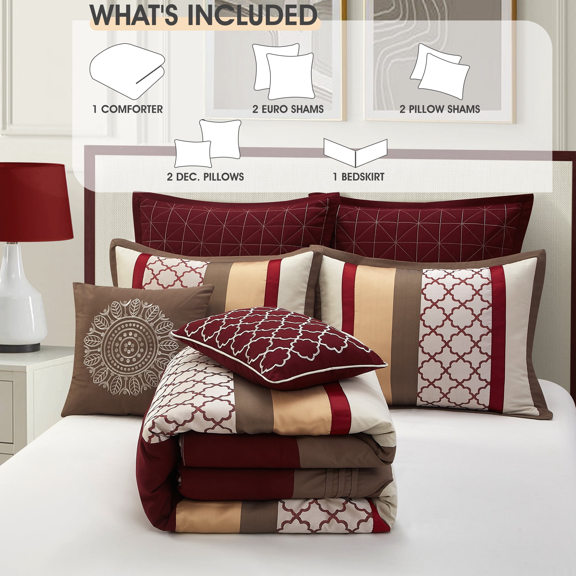 Lanco Moroccan Taupe/Red Berry/Gold, 8-Piece Comforter Set, California King, Striped/Geometric