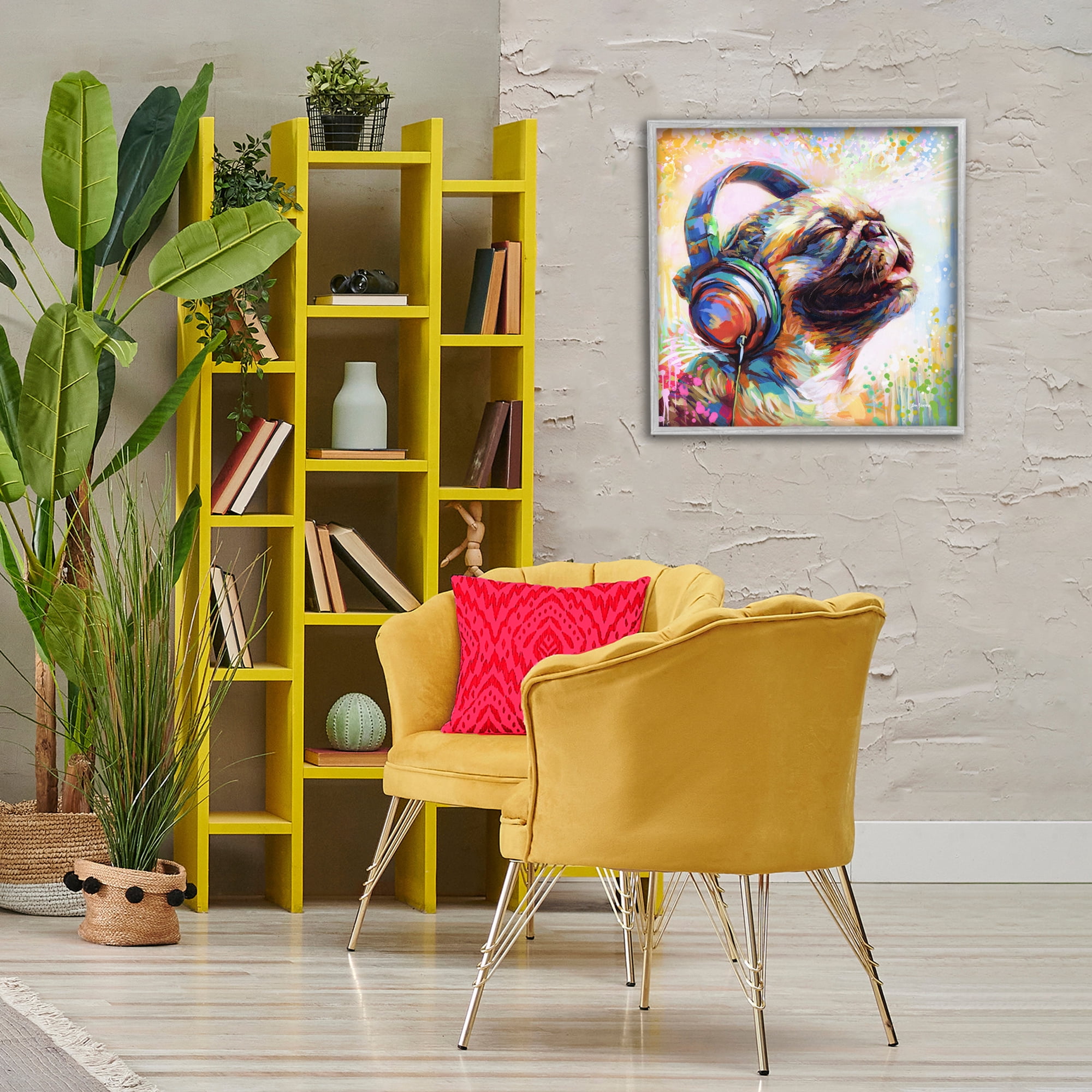 Stupell Industries Blissful Music Pug Animals & Insects Painting Gray Framed Art Print Wall Art, 24 x 24