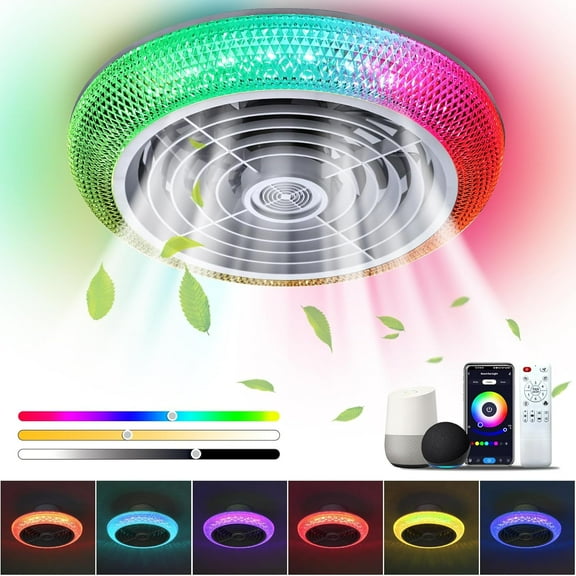 TCFUNDY Ceiling Fan with Light, 16" LED RGB Low Profile RGB Fan Light with 6 Wind Speed, App & Remote Control, Fit for Alexa, Google Assistant