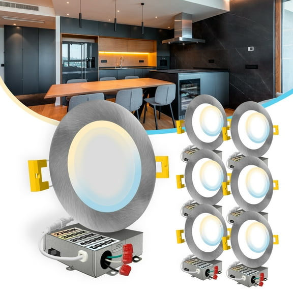 NuWatt 6'' Nickel Trim Ultra Slim 5CCT Selectable LED Canless Recessed Downlight, Dimmble 6PK