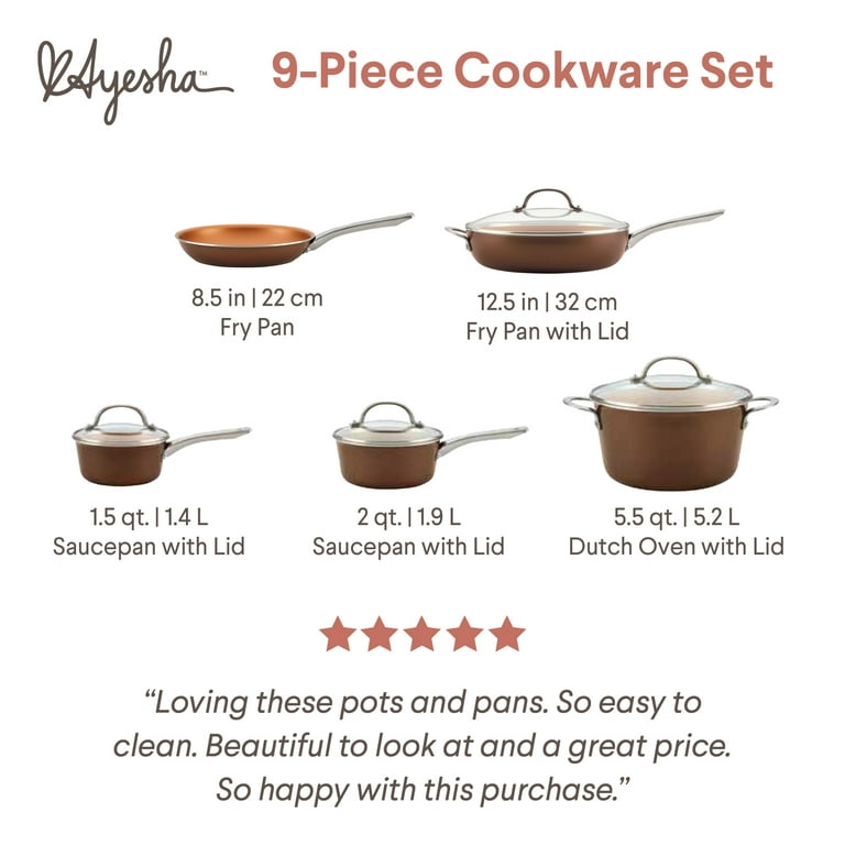 Ayesha Home Collection Porcelain Enamel Nonstick Cookware Set, Brown Sugar,  9-Piece Set + 10 Fry Pan
