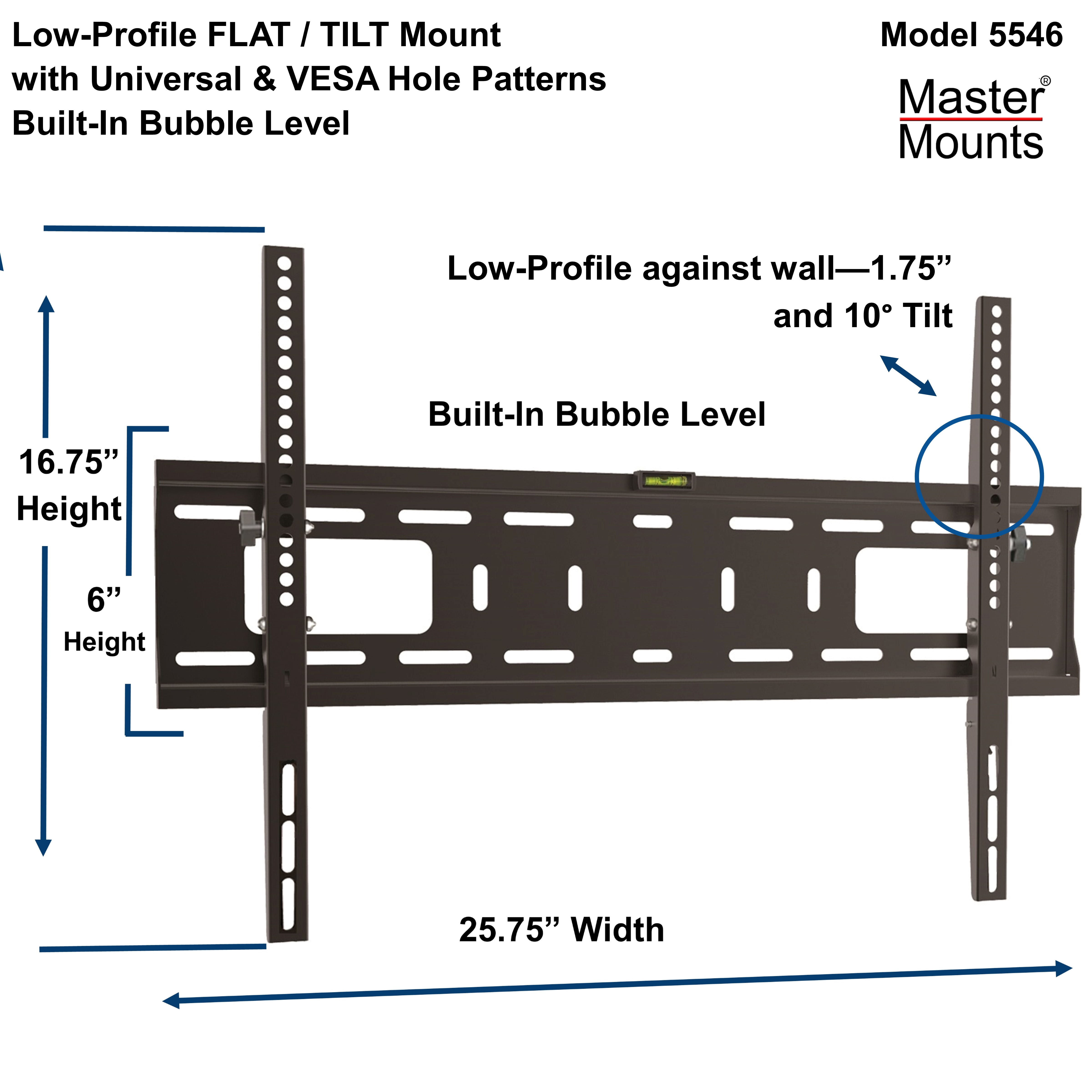 Master Mounts Ultra Low Profile Flat/Tilt Universal TV Wall Mount for Screen Sizes up to 80'' & weight up to 165 lbs