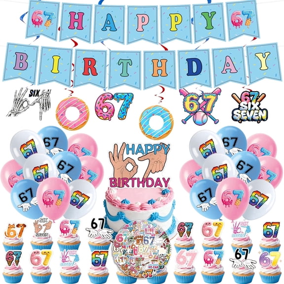 CXDZKJ Viral 67 Meme Themed Birthday Decorations Set 103 Pcs Include Banner Cake Toppers Latex Balloons Hanging Swirls Stickers