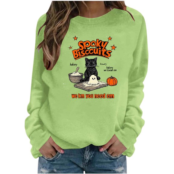 Cute Spooky Biscuits Graphic Sweatshirt Women Black Cat Ghost Dough Print Crew Neck Long Sleeve Pullover Oversized Fleece Lined Fall Top for Halloween Party Casual Outfits