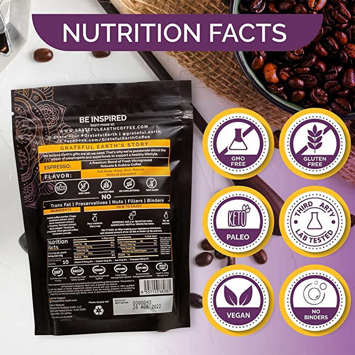 Grateful Earth Mushroom Coffee, Instant Espresso Dark Roast with Lion’s Mane & Chaga, 40 Packets