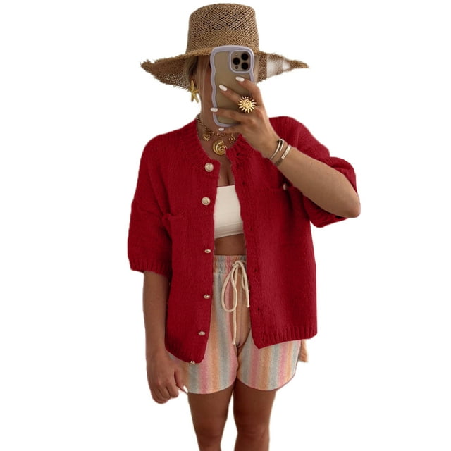 FOCUSNORM Women Cardigan Elegant Short Sleeve Button Closure Solid Casual Jacket with Pockets