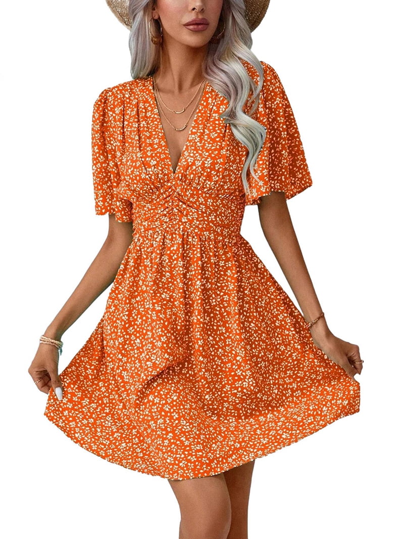 Women Summer Casual Floral Print Short Flutter Sleeve Mini Dress Casual Sundress V Neck Sun Dresses Orange Color XXL