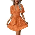 thumbnail image 2 of Women Summer Casual Floral Print Short Flutter Sleeve Mini Dress Casual Sundress V Neck Sun Dresses Orange Color L, 2 of 9