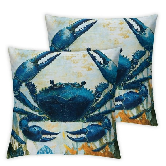 Acheng Home Blue Crab Coastal Premium Indoor / Outdoor Pillow Patio Decor Water Color Nautical Decoration Marine Life Accent Throw Pillow For Couch Sofa Chair 12x12in