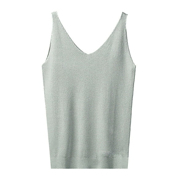 Holzkary Womens Sleeveless Sweater Vest Summer Casual V Neck Loose Knit Lightweight Pullover Tank Tops Women's Solid Color V Neck Sequin Camisol Grey One Size
