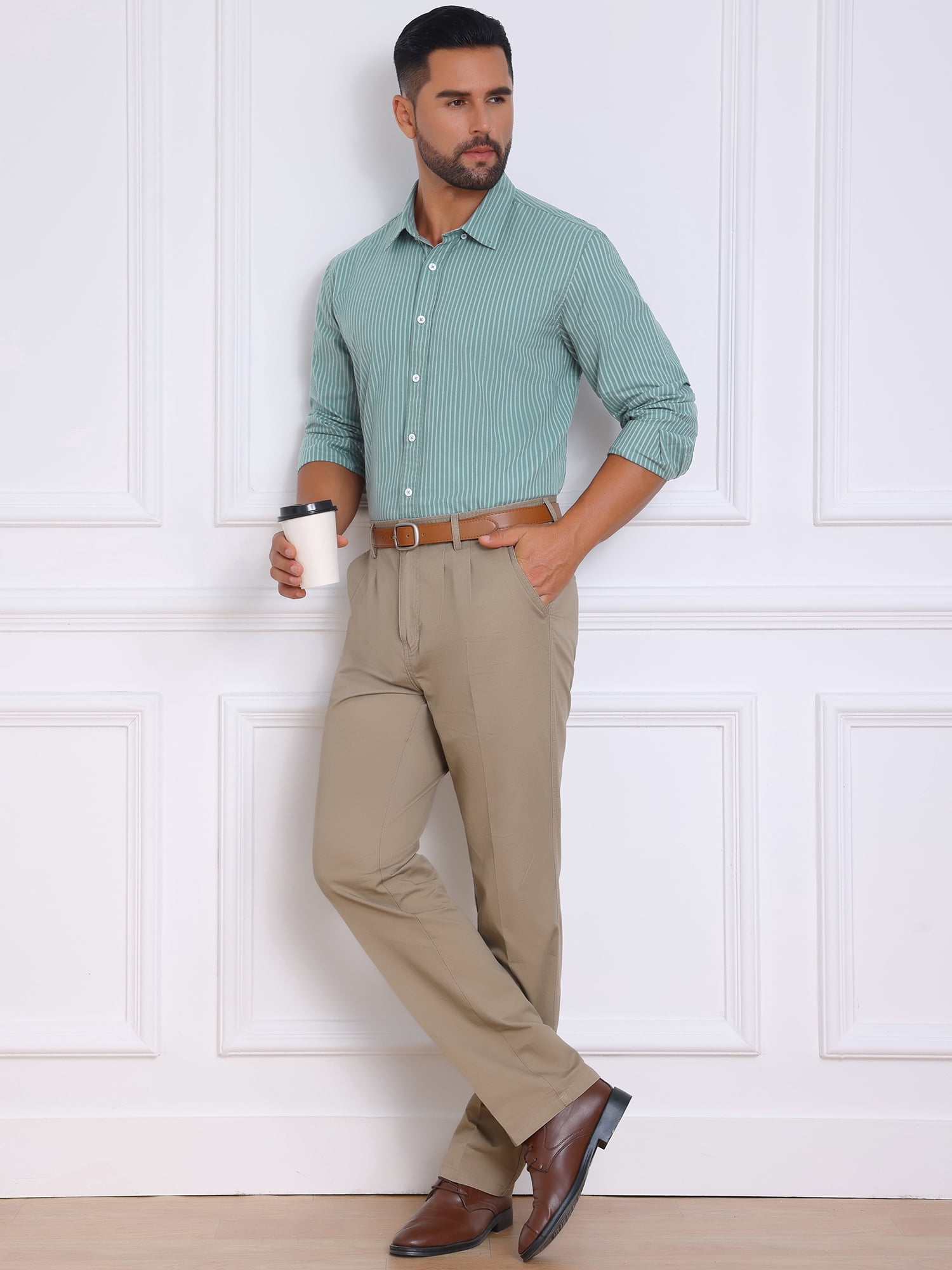 DARING DIVA Men's Stripes Long Sleeved Button Down Business Dress Shirts L Green