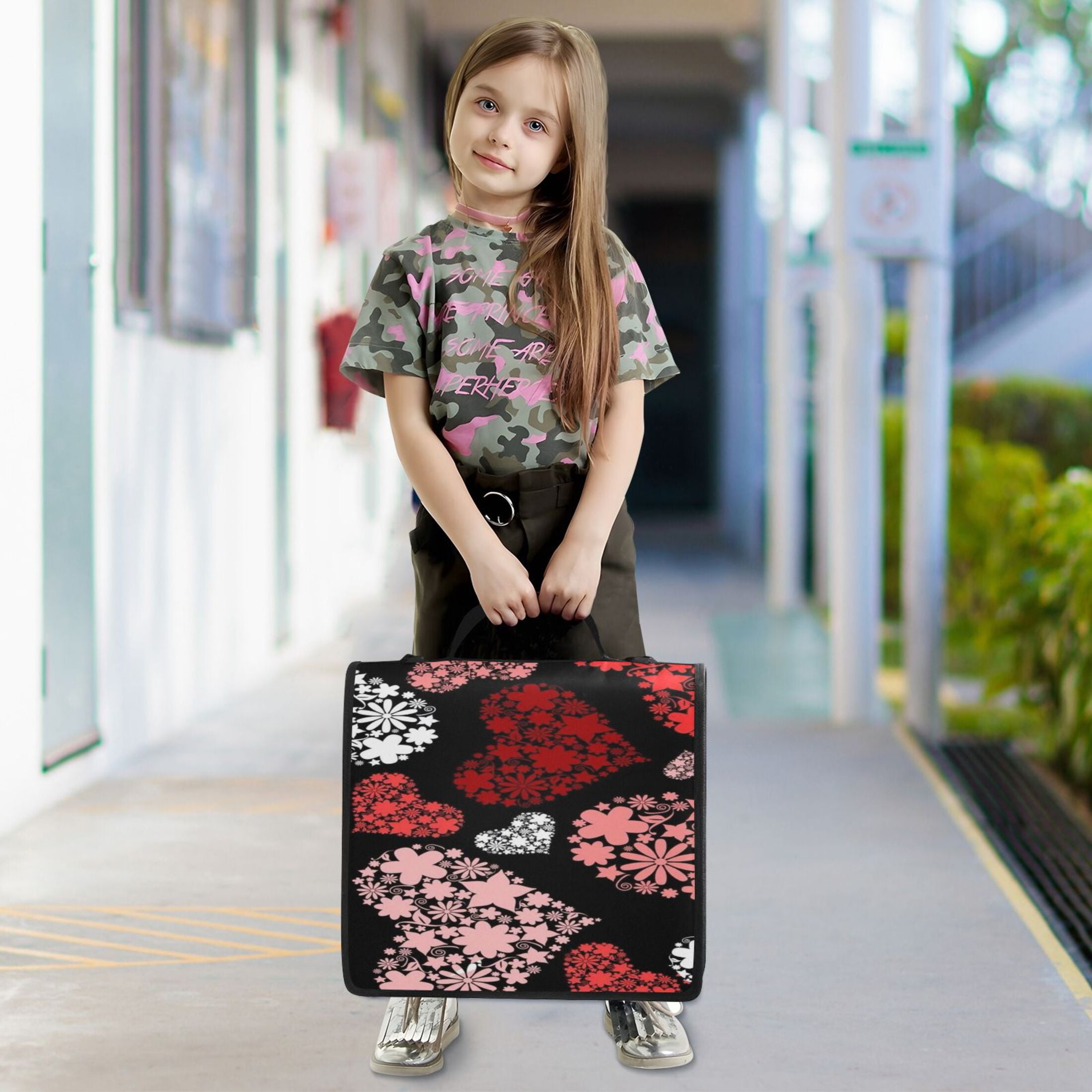 DIXRUYEE Zipper Binder trapper keeper Documents Organized Floral Hearts on Black Printed