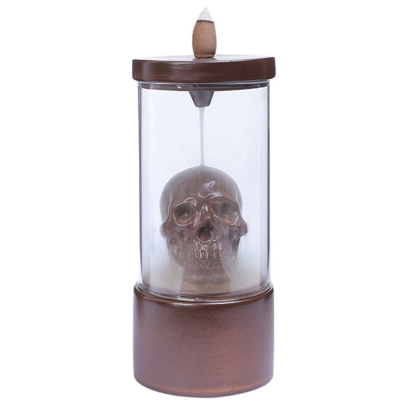 Backflow Incense Holder, Ceramic Waterfall Skull Incense Burner with Incense Cones and Windproof Acrylic Hood, for Halloween/Aromatherapy/Yoga/Home Deco