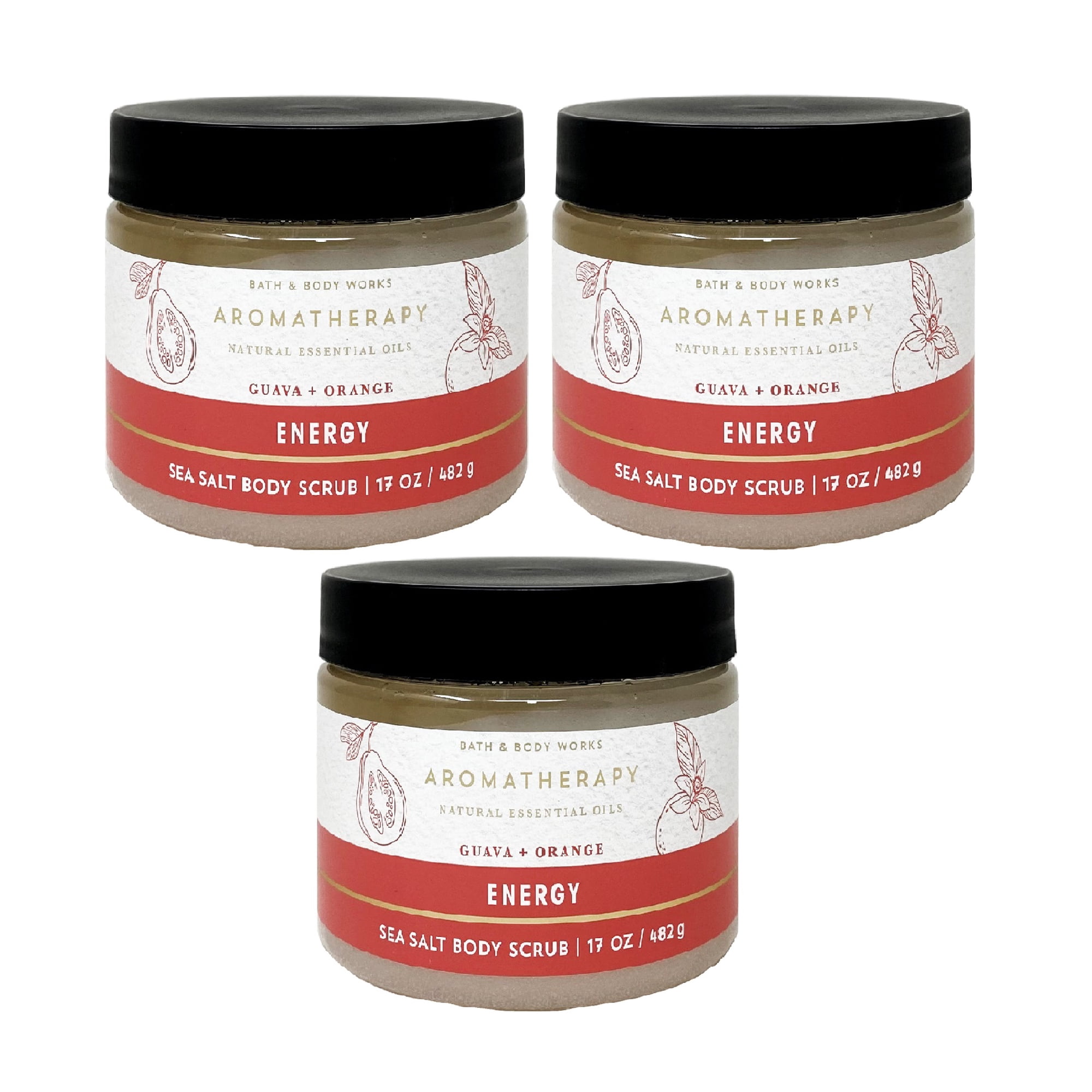 Bath & Body Works Aromatherapy Energy GUAVA + ORANGE Sea Salt Body Scrub 3 Pack Bundle - 17 oz / 482 g each