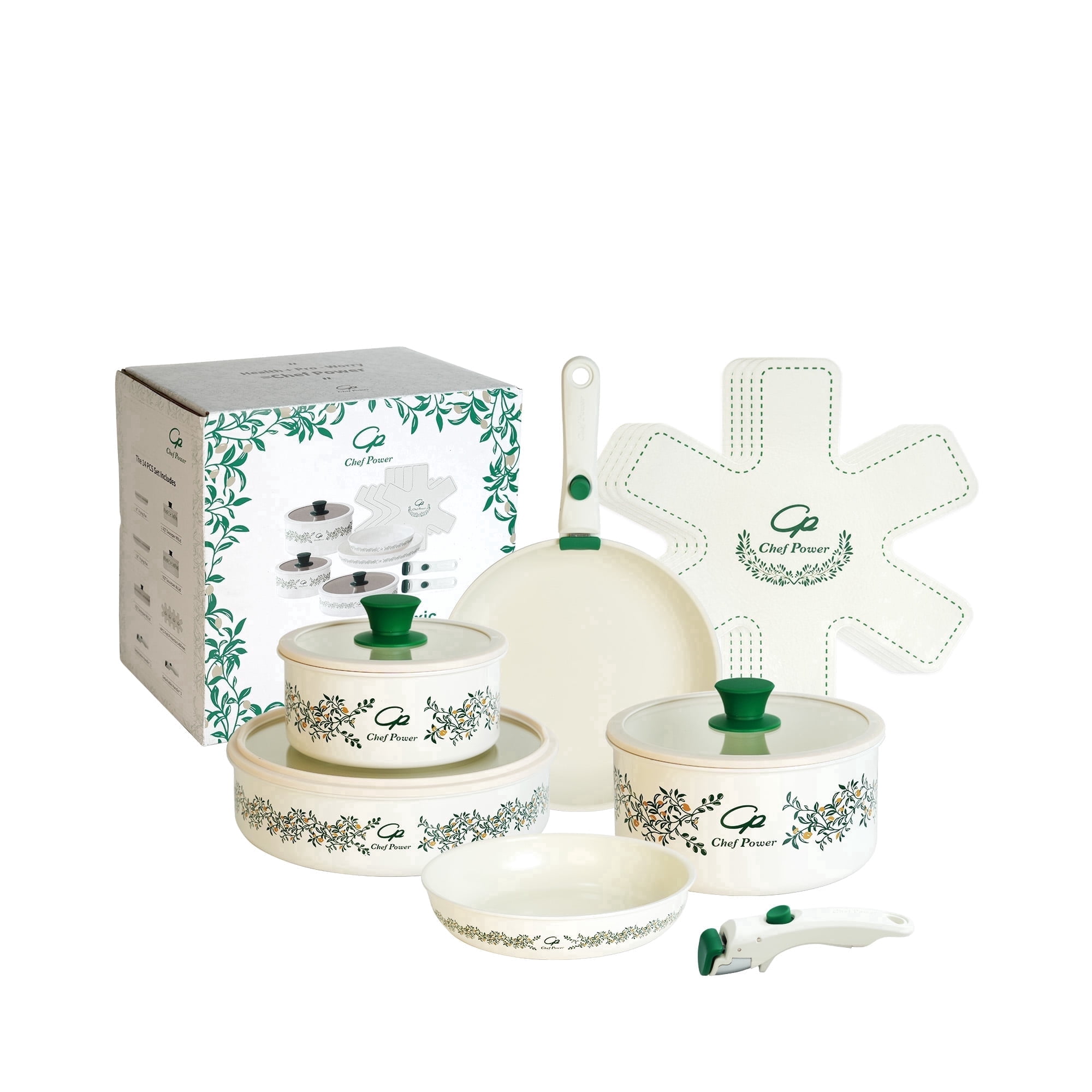 Chef Power 14 Piece Induction Compatible Aluminum Ceramic Cookware Set with Detachable Handles, Cream White Olive Branch Decals