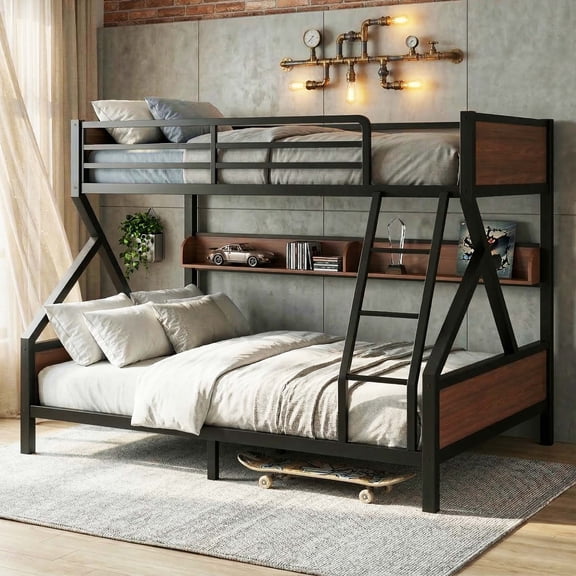 Mainstays Twin over Full Bunk Bed with Storage Shelf, Metal & Wood Frame, Space Saving for Bedroom, Black
