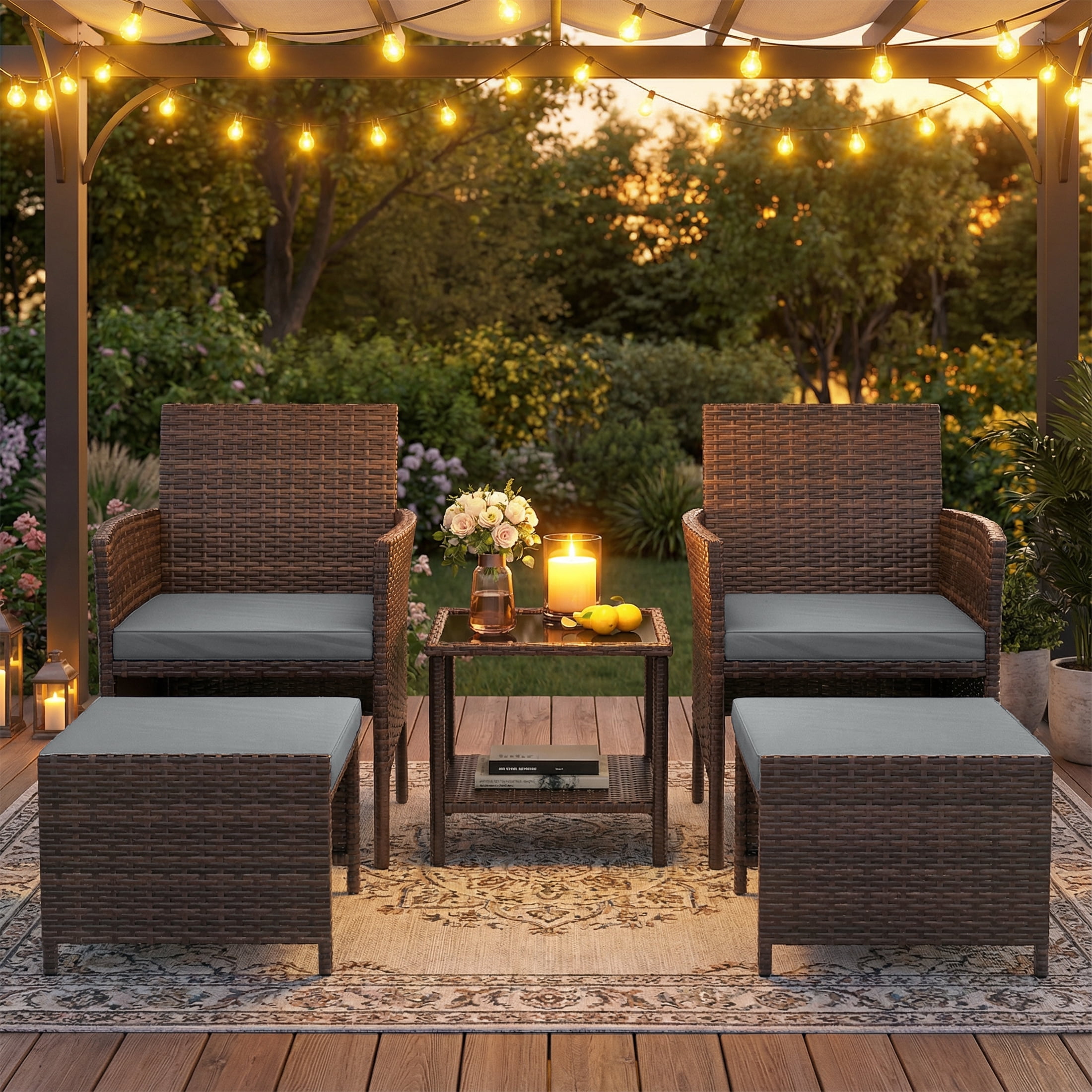 UDPATIO Balcony Furniture 5 Piece Patio Furniture Set, Outdoor Brown Wicker Chairs with Ottoman, Grey