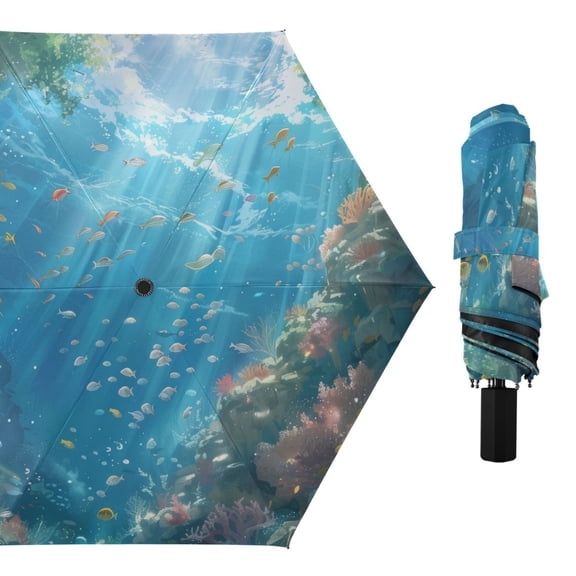 Summer Undersea Landscape Compact Sun Umbrella Windproof Travel Umbrellas for Rain Strong Portable UV Protection