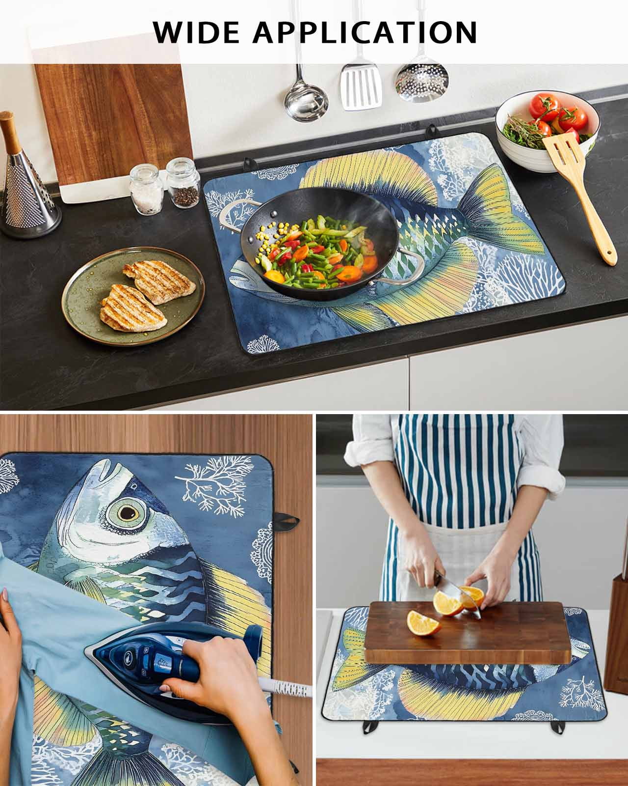 nqOlkjepod Large Induction Cooktop Protector Mat 24"x21", Coastal Blue Yellow Fish Stove Top Covers for Electric Stove, Summer Ocean Coral Plant Stove Burner Cover Mats, Glass Top Stove Cover