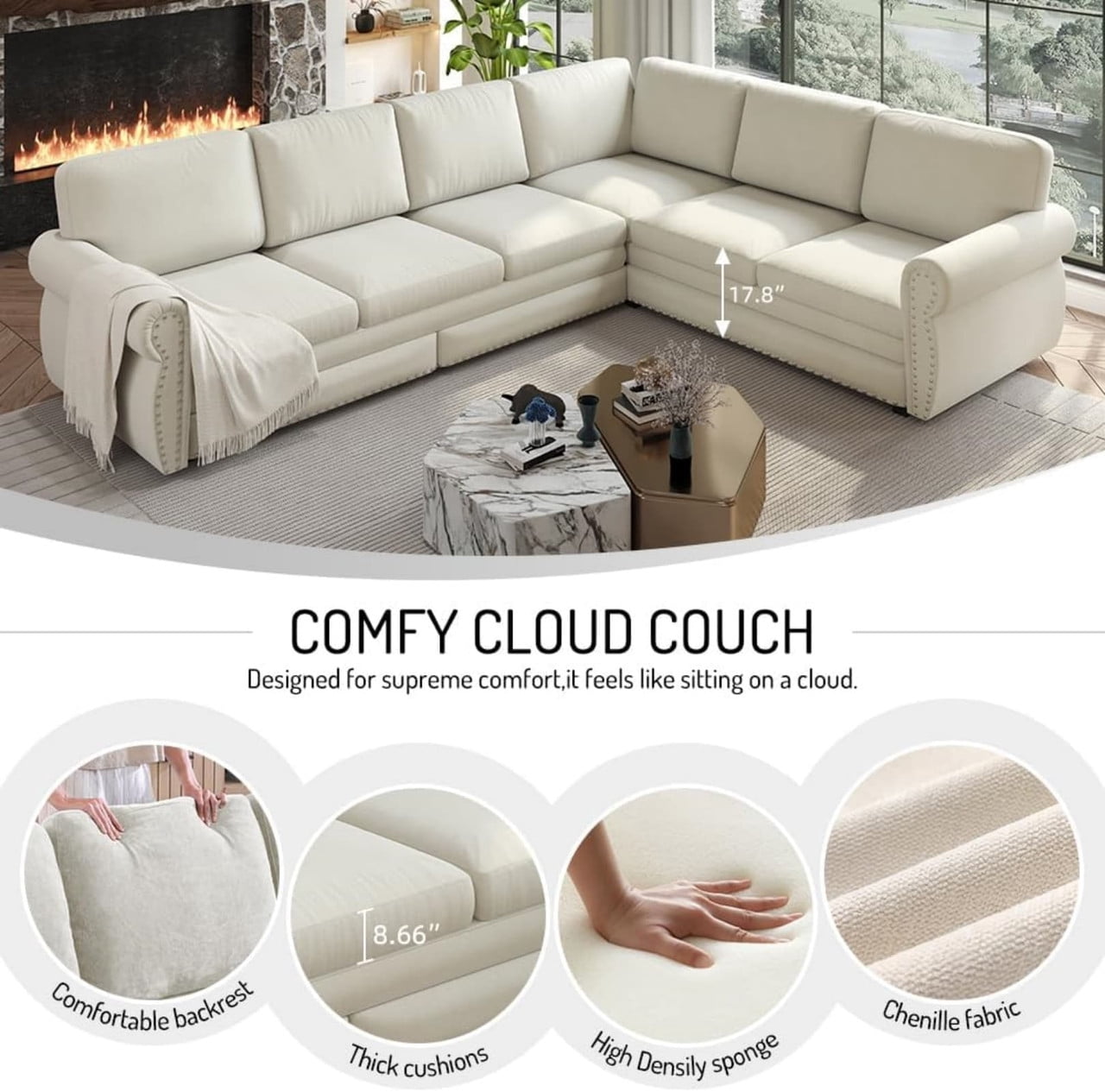 118" L-Shaped Convertible Sleeper Couch Bed, Chenille Upholstered Sectional Sofa with Pull-Out Sofa Bed, Modern Chesterfield Sofa for Living Room