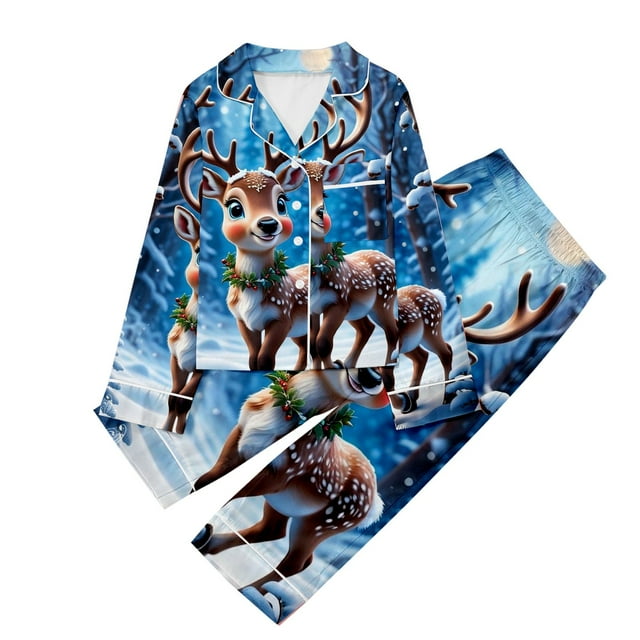 WEAIXIMIUNG Children's Christmas Print Long Sleeve Trousers Cardigan Children's Pyjamas Two Sets 7-8 Years