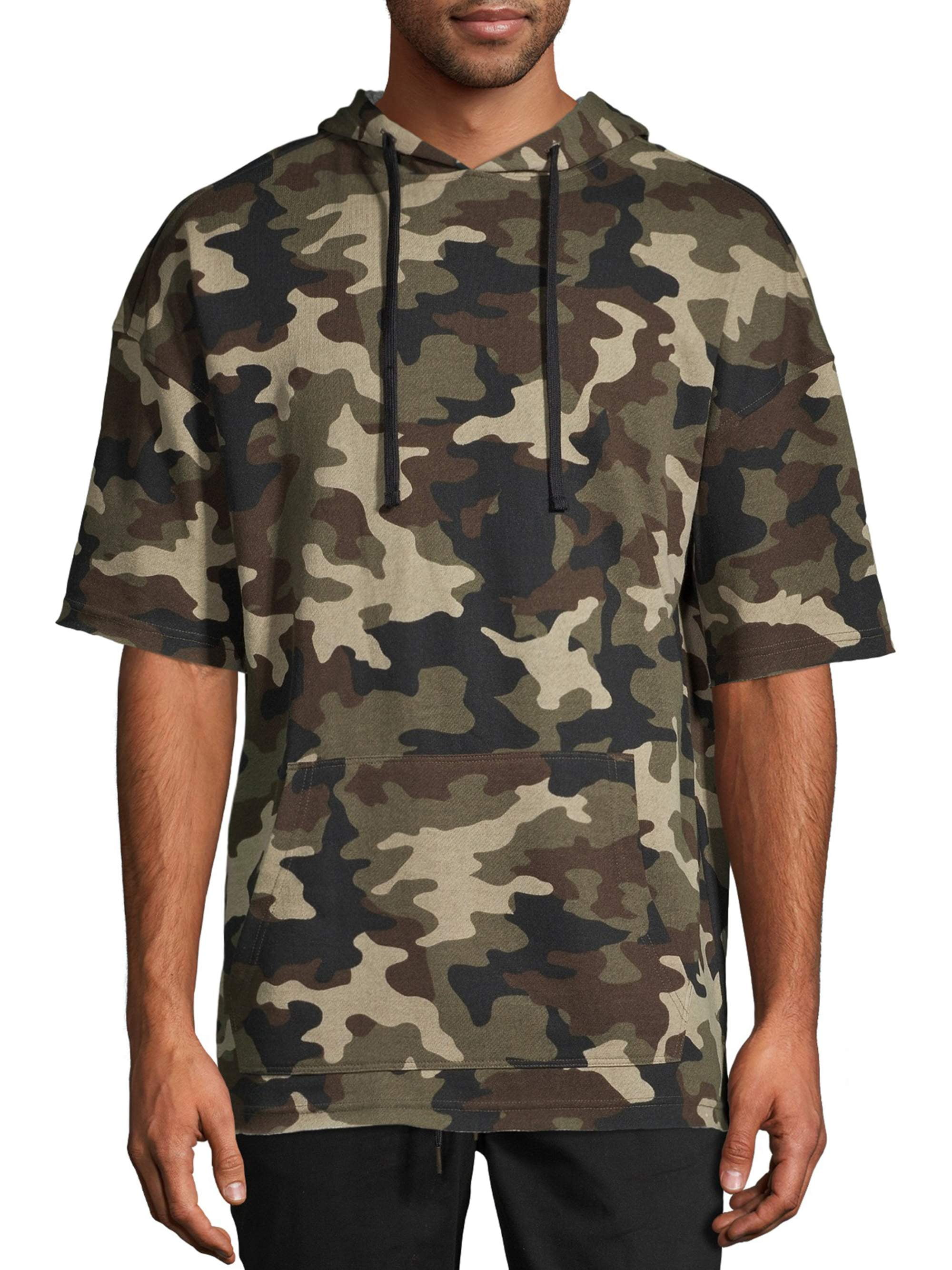 New EPTM Men's Contemporary Long Split Hem French Terry Camo S/S Hoodie T-Shirt 