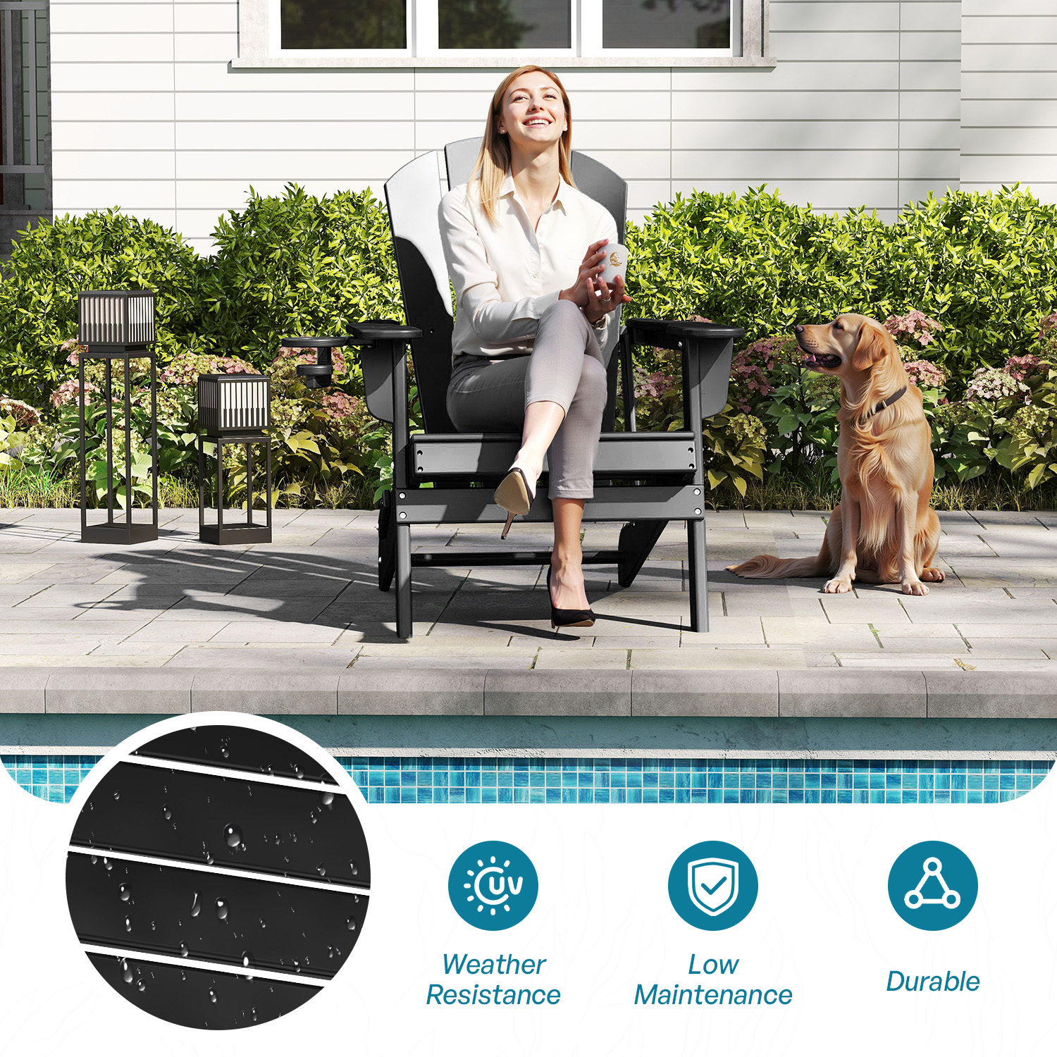FURRYFECTION Folding Adirondack Chair Set of 2 with Cup Holder,All-Weather HDPE Outdoor Fir Pit Chairs for Patio Garden Backyard,Black