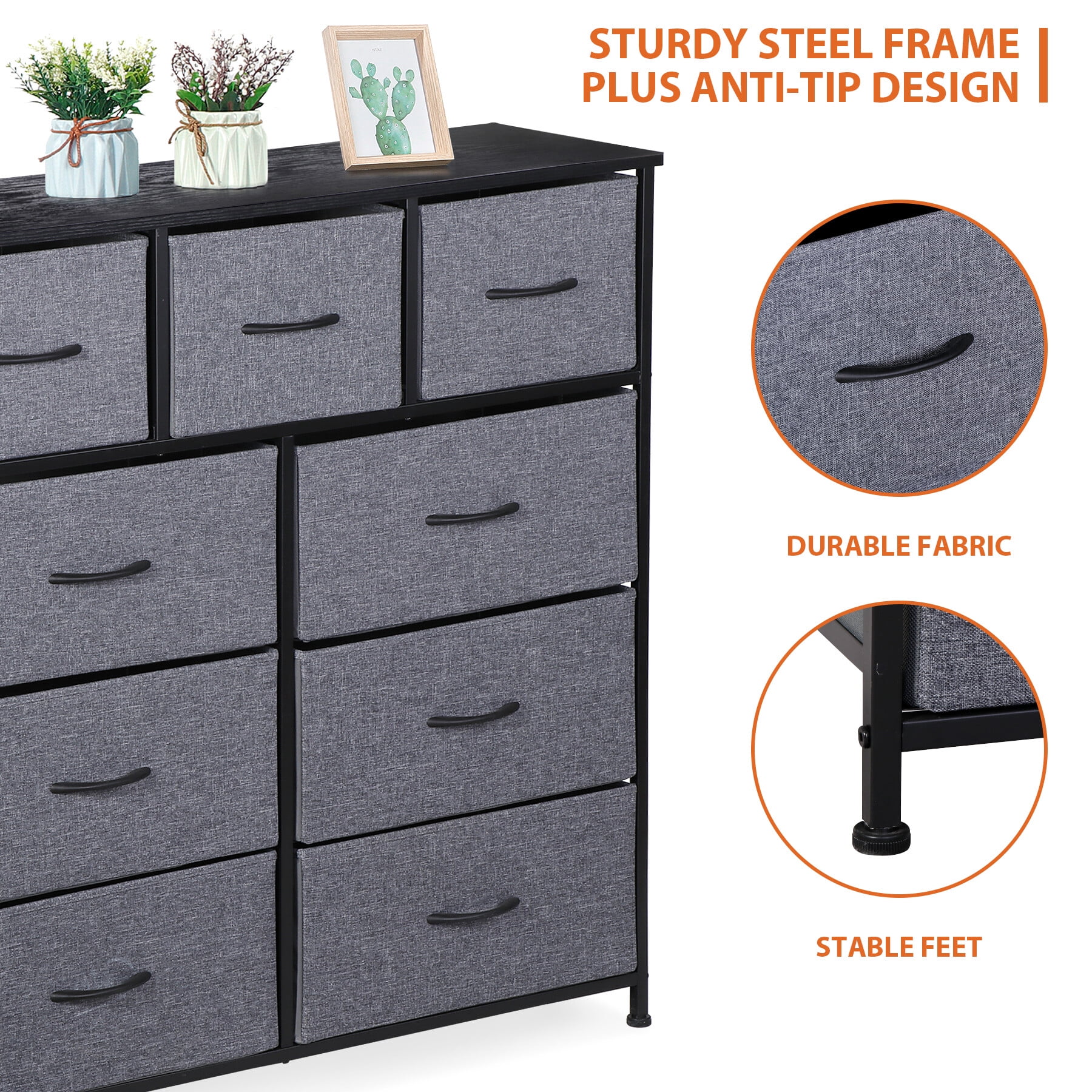 ZENY 9-Drawer Dresser with Steel Frame and Wood Top, Gray