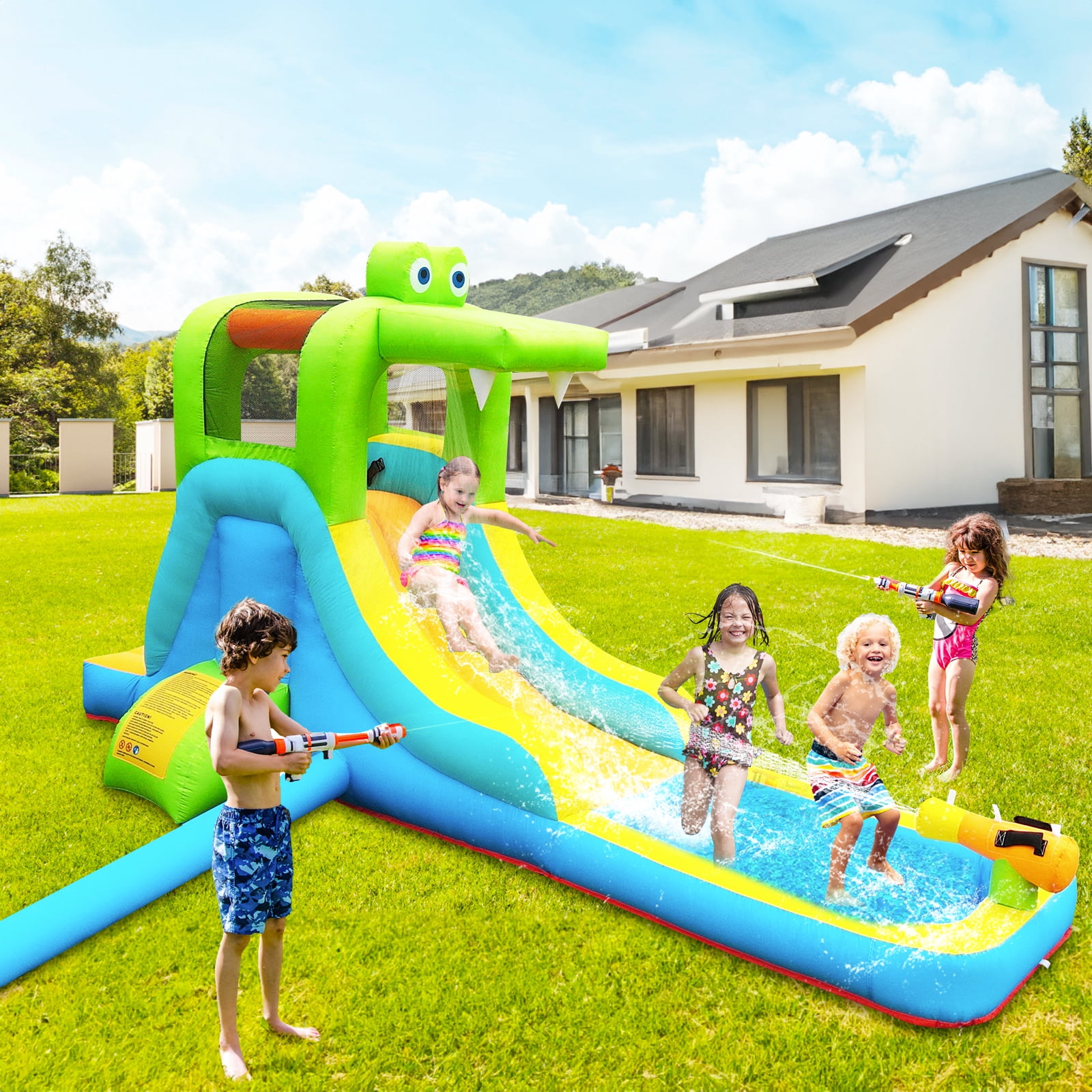 NBSPORT Inflatable Crocodile Water Slide & Bounce House for Outdoor Backyard, with Climbing Wall, Splash Pool, Water Cannon & Blower for Kids