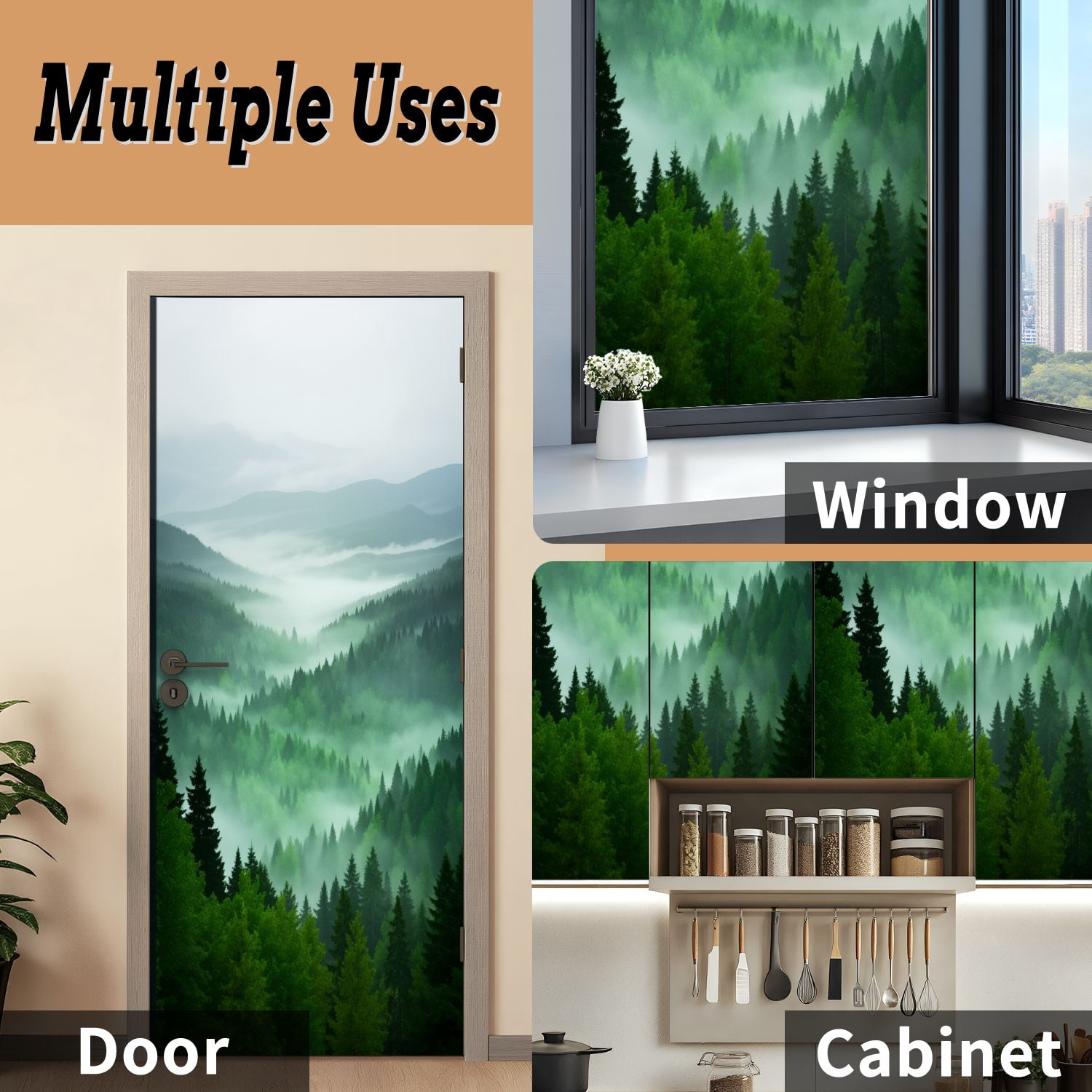 Self Adhesive Vinyl Refrigerator Wrap Set Misty Mountain Forest Landscape Layered Pine Trees Soft Door Mural Removable Fridge Sticker Peel and Stick&nbsp;Full Door Cover Decal Kitchen Bar Decor