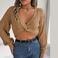 thumbnail image 5 of UTSJKR Women's Cropped Sweaters Twist Front Slim Fit Cozy Cable Knit Jumper Lantern Sleeve Long Sleeve Fall Sweaters 2024 Fashion Clothing Wrap V Neck Pullover Tops Khaki L, 5 of 8