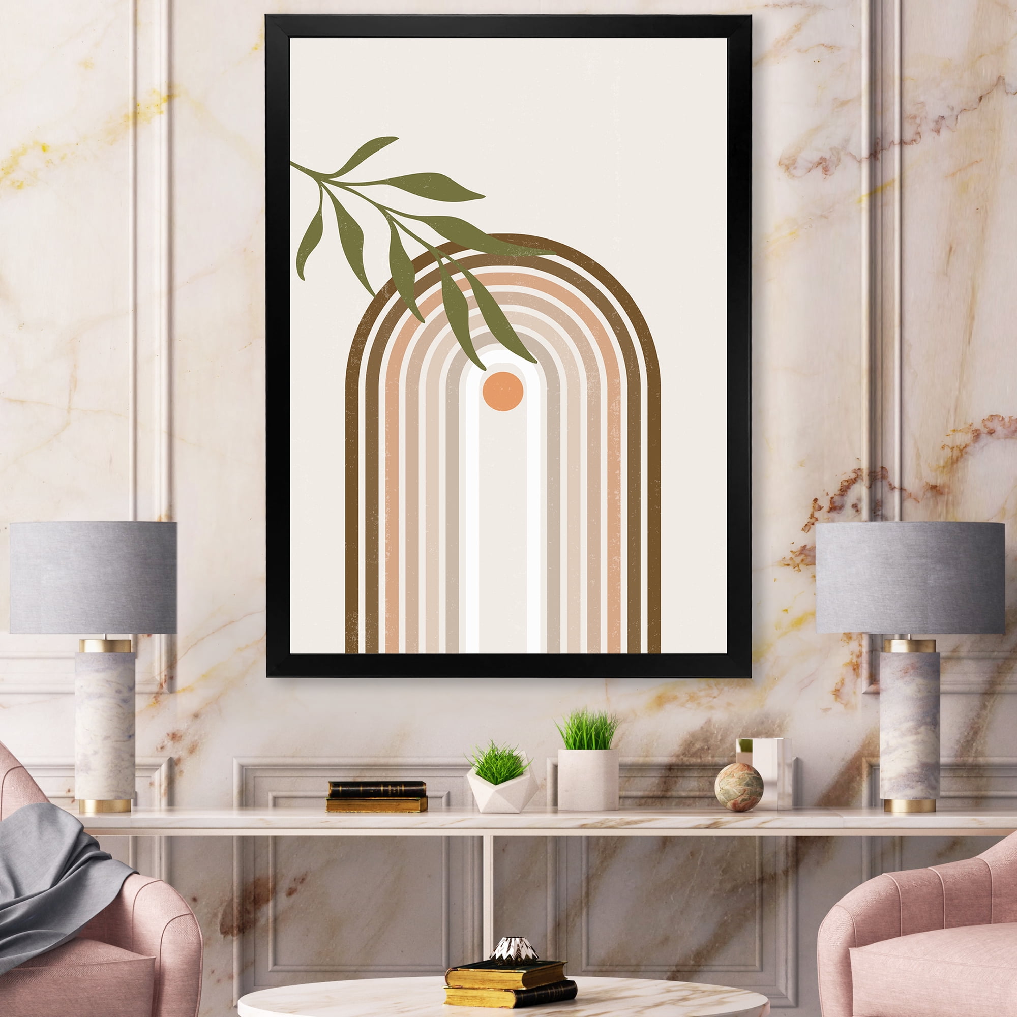 Designart 'Abstract Moon and Sun With Green Leaf I' Modern Framed Art Print