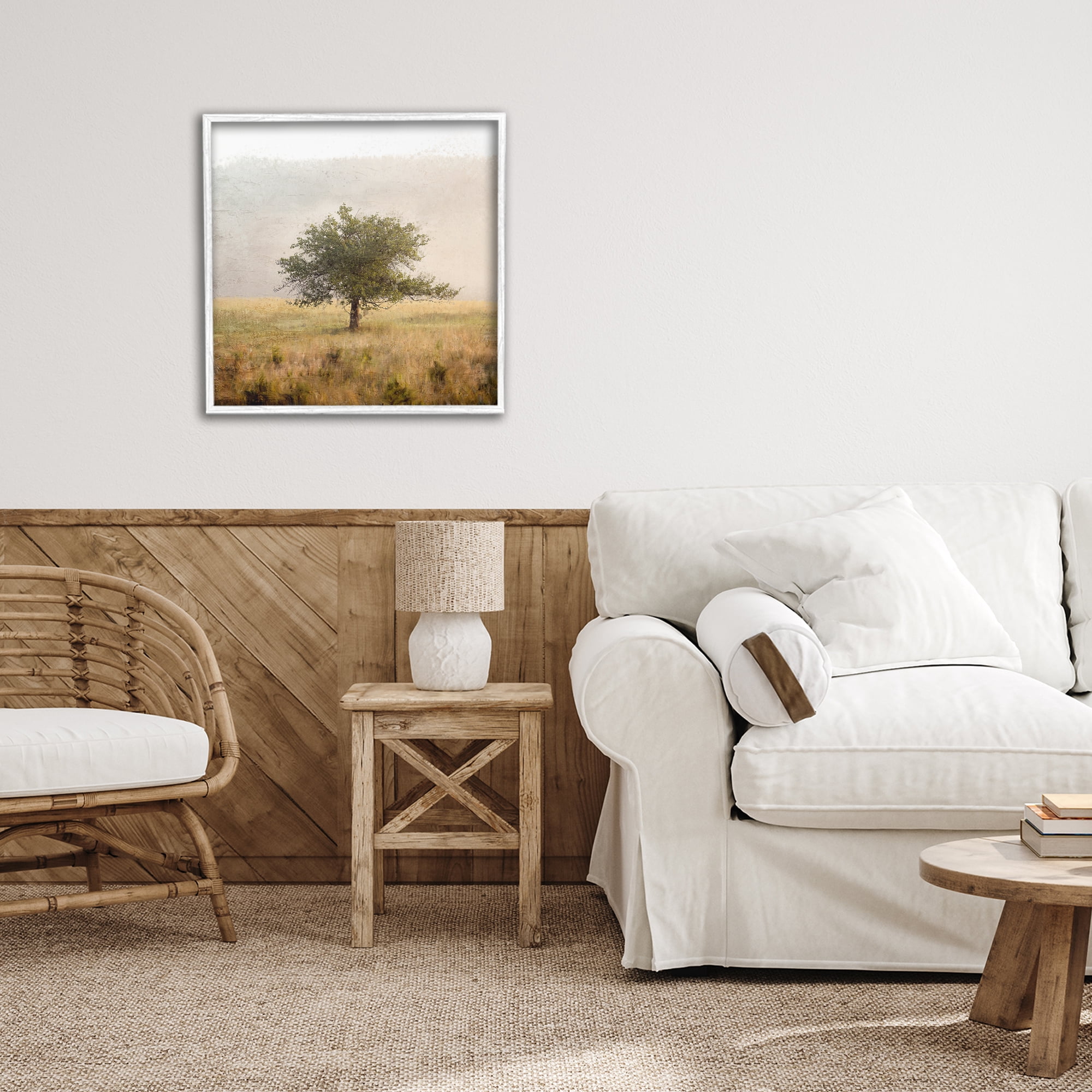 Stupell Industries Tree Alone in Golden Field White Framed Giclee Art, design by Anne Bailey