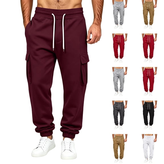 Dwellite Mens Sweatpants Drawstring Elastic Waist Cargo Joggers with Pockets Casual Fashion Solid Color Sweat Pants Wine S