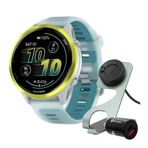 Garmin Forerunner 570 47mm GPS Running Smartwatch (Amp Yellow/Whitestone Turquoise) Bundle with Stand, Charging Cable and Car Charger (3 items)