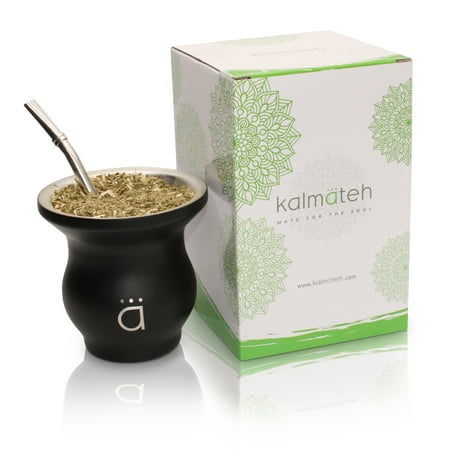 Kalmateh Innovative Yerba Mate Gourd- Modern 9 oz Mate Cup- Double Walled 18/8 Stainless Steel - Includes Bombilla and Cleaning Brush (Matte Black)