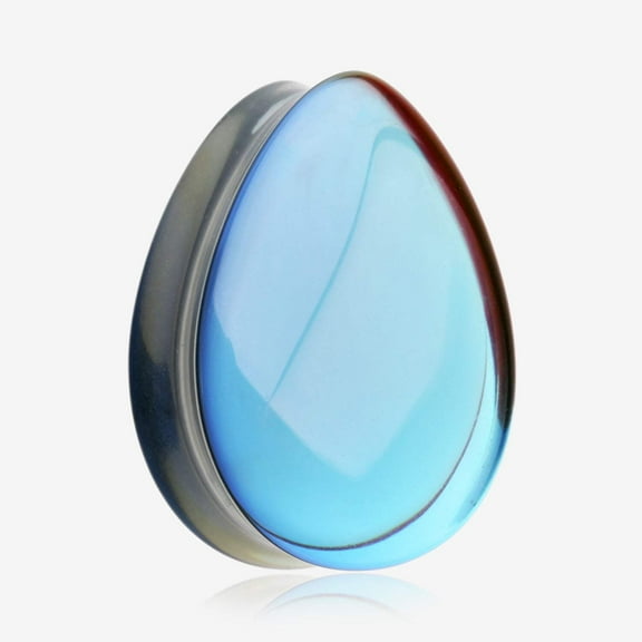 A Pair of Midnight Moon Iridescent Teardrop Glass Double Flared Ear Gauge Plug