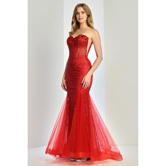 Women's Adora Design 3278 Strapless Beaded Tulle Mermaid Prom 2026 Dress Red Size 14