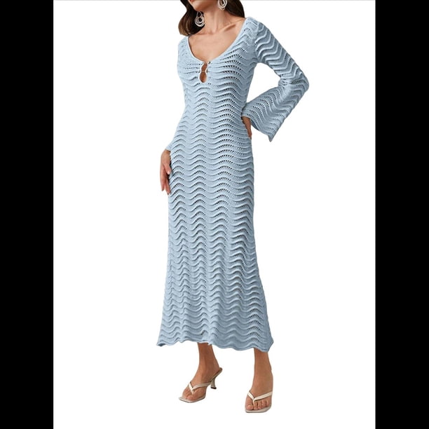 Traje de Baño de Mujer, Pareo de Crochet, Traje de Baño de Punto, Vestido Ajustado para y Otoño, Ropa de Fiesta Azul S