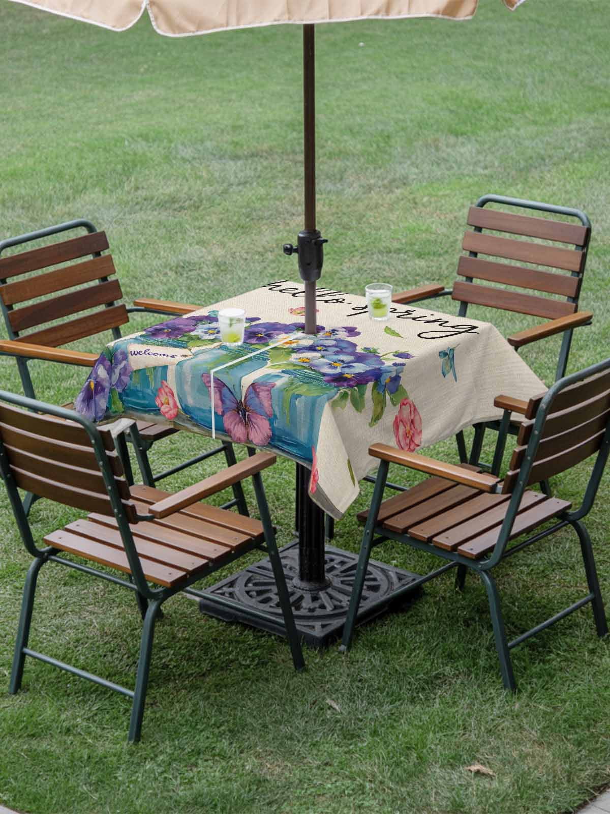 Hello Spring Outdoor Tablecloth - 54x54 Inch Square Dining Table Cover, Pastoral Purple Bottle Floral Rustic Burlap Waterproof Outdoor Table Cloth with Umbrella Hole & Zipper for Picnic/Patio/Party