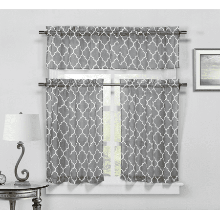 Geo Trellis 3 PC Faux Linen Kitchen Curtain Tier & Valance Set - (Grey Kitchens Best Designs)