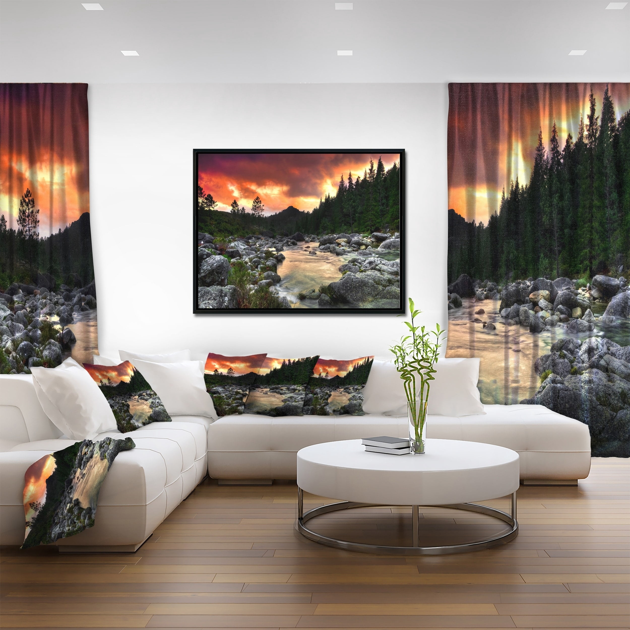 Designart ' Rocky Mountain River at Sunset ' Landscape Framed Canvas Art